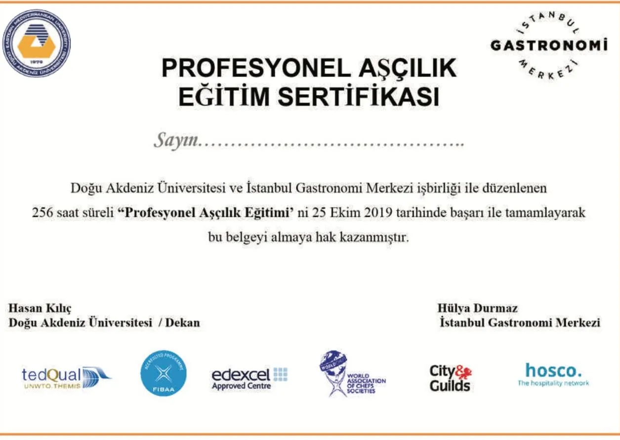 Doğu Akdeniz Üniversitesi onaylı Profesyonel Aşçılık sertifikası örneği